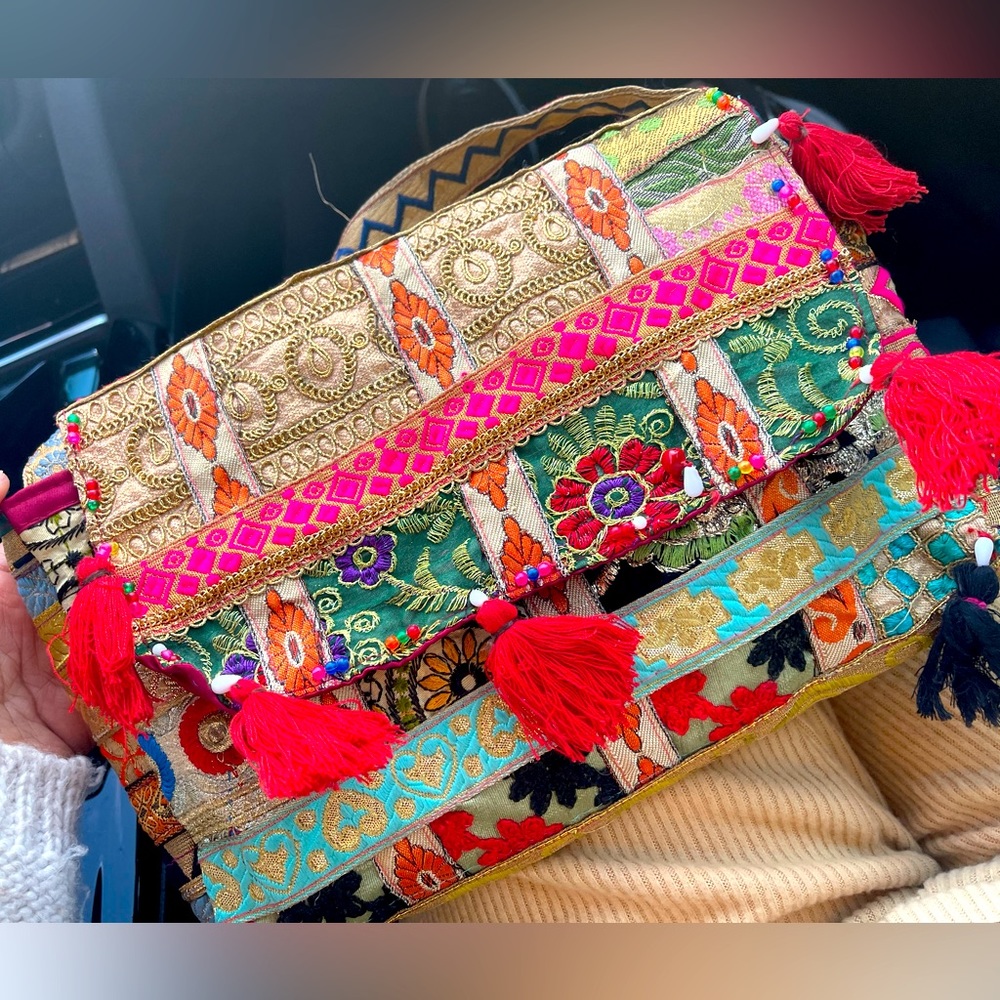 Patchwork and embellished crossbody bag